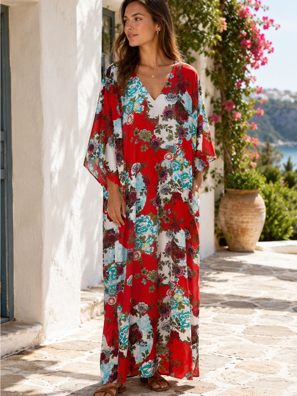 Natori Caftan Large Asian Japanese Red Floral Fan Print Lounge Cabana Gown